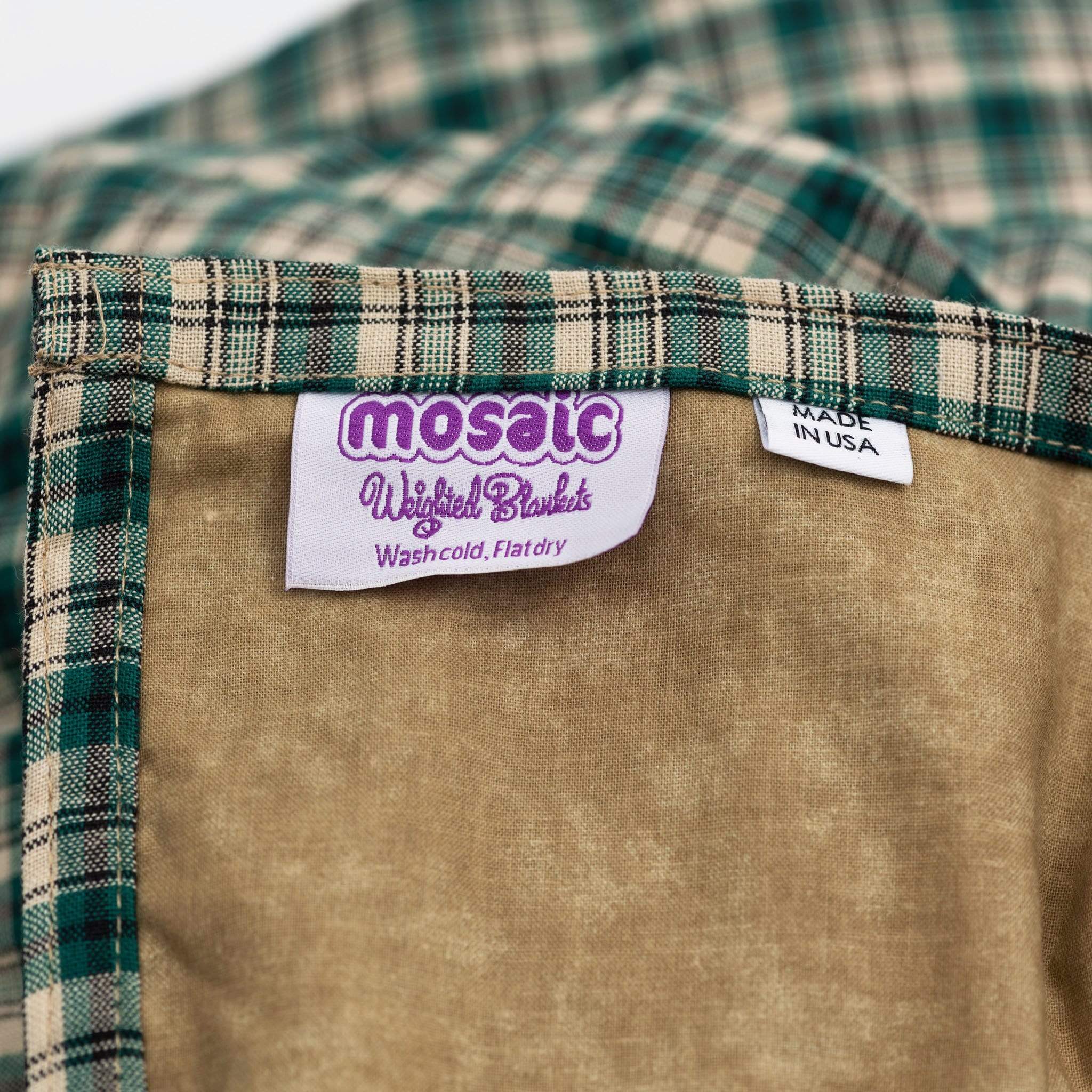 Closeup and tags of Mosaic Weighted Blankets Green Khaki Plaid Cotton Weighted Blanket