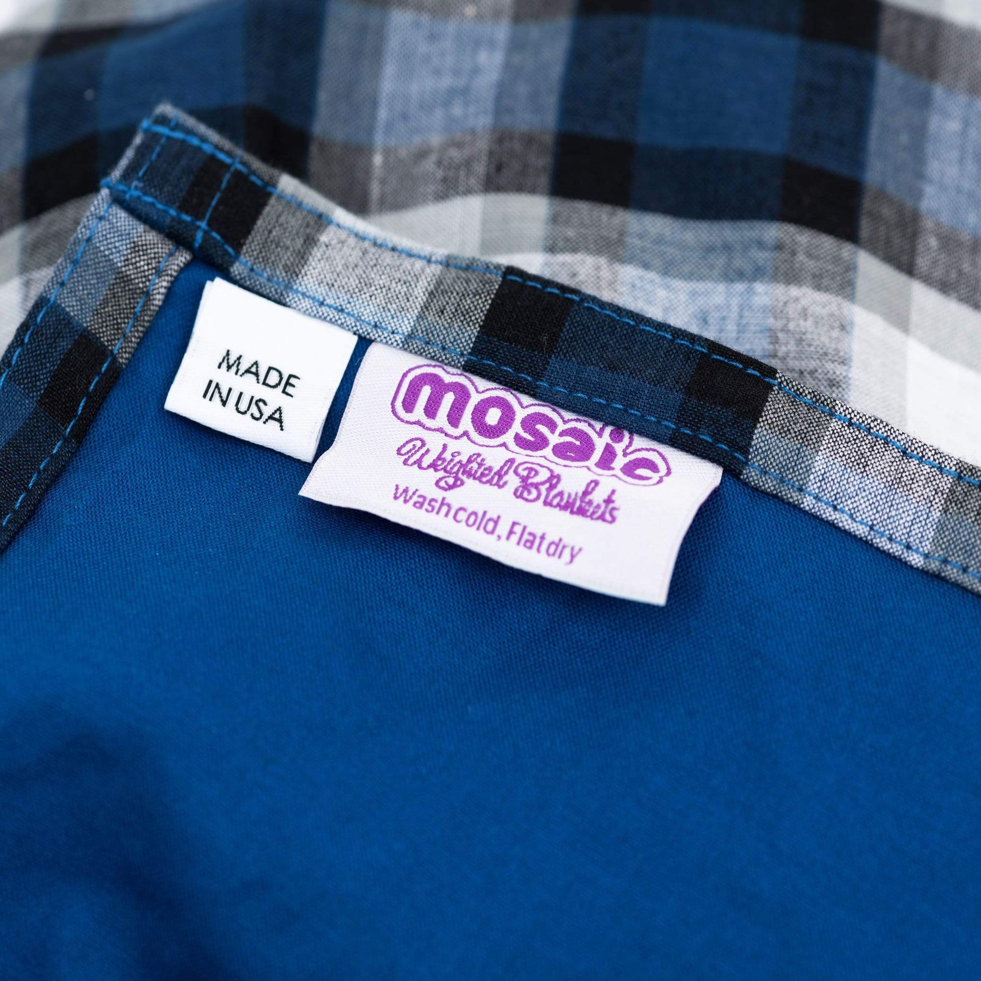 Close up and label of Mosaic Weighted Blankets Kensington Plaid Weighted Blanket