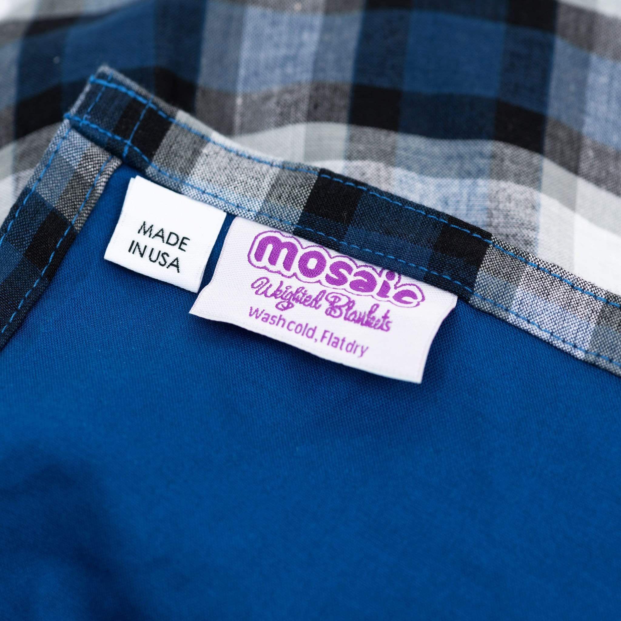 Close up and label of Mosaic Weighted Blankets Kensington Plaid Weighted Blanket