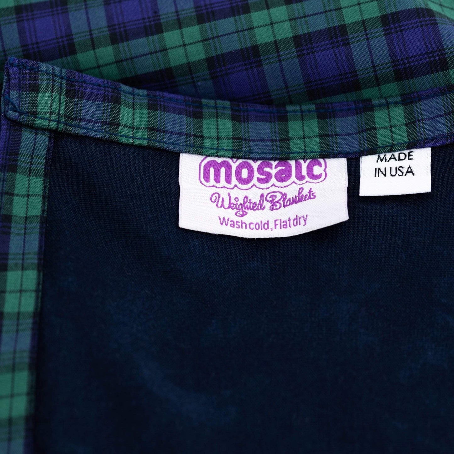 Mosaic Weighted Blankets Scottish Navy Plaid Weighted Blanket close up with Made in America tag
