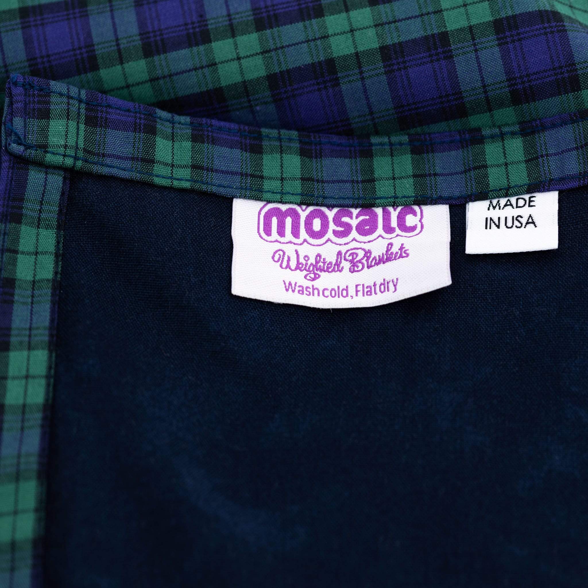 Mosaic Weighted Blankets Scottish Navy Plaid Weighted Blanket close up with Made in America tag