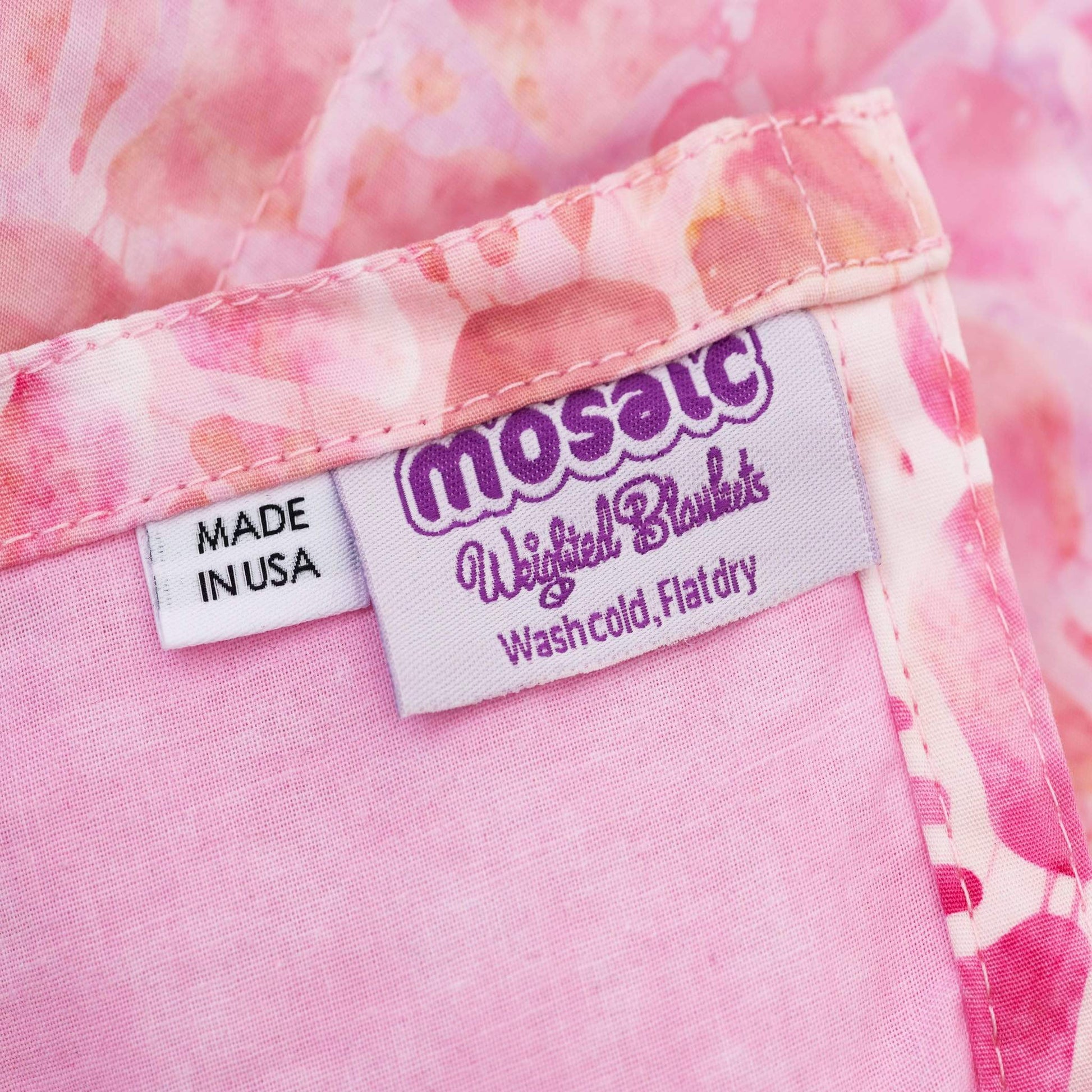 Mosaic Weighted Blankets Think Pink Batik Weighted Blanket detail with Made in America tags