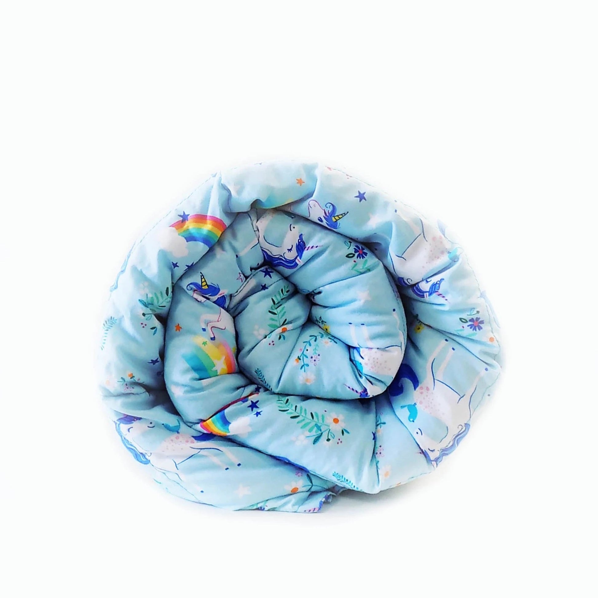 Unicorn Weighted Blanket Rolled Front View on Blue field