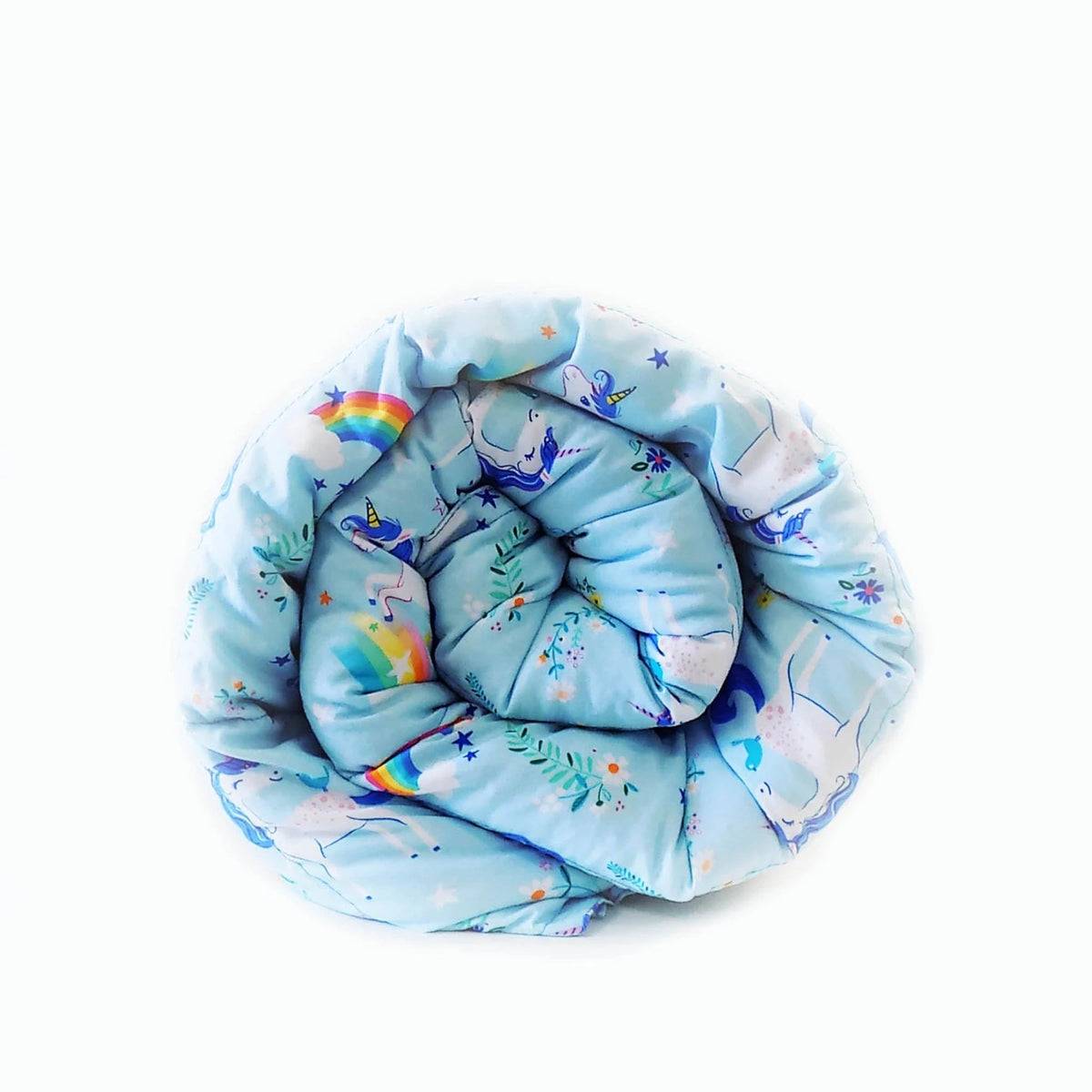 Unicorn Weighted Blanket Rolled Front View on Blue field