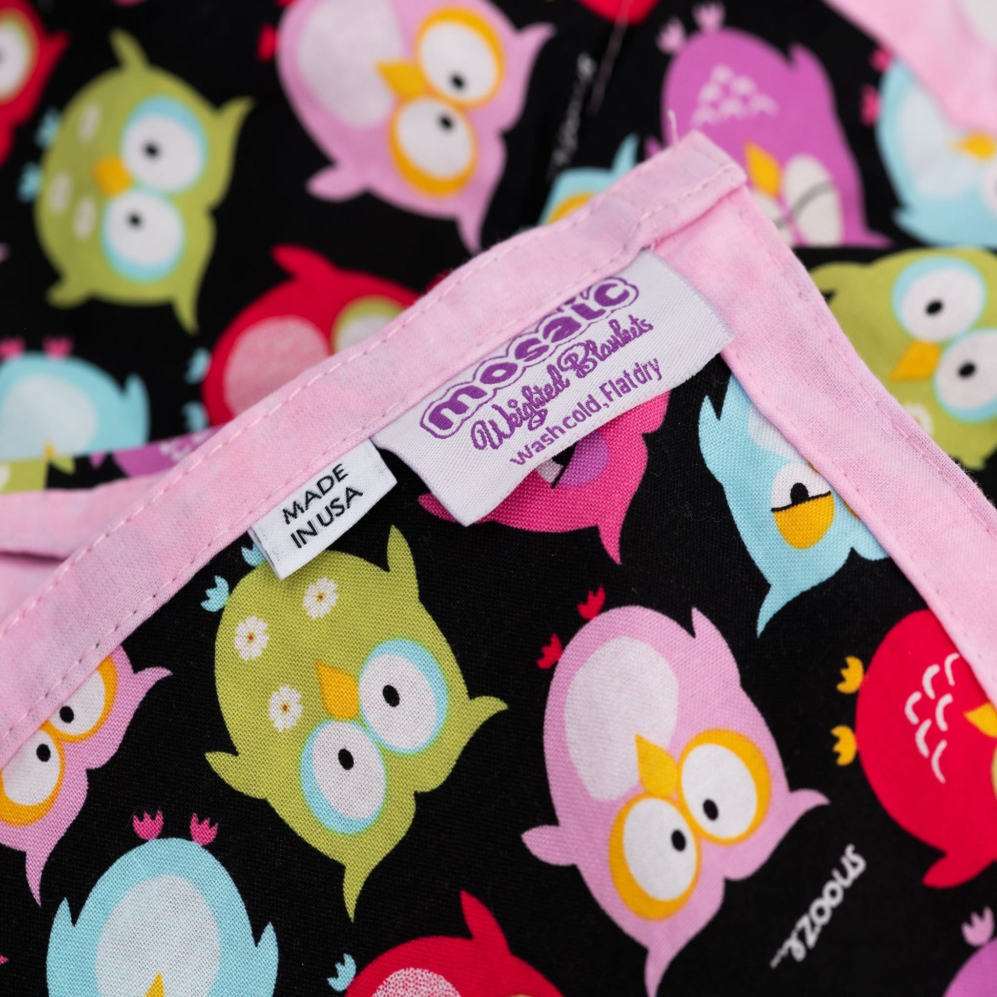 Owls Weighted Blankets Tag close up Made in America Mosaic Weighted Blankets tags